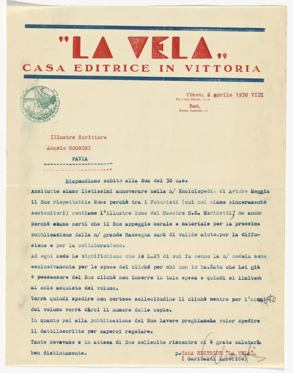 La Vela letterhead (Letter to Angelo Rognoni from Garibaldi Lorefice) by Unidentified Designer, design, 1908