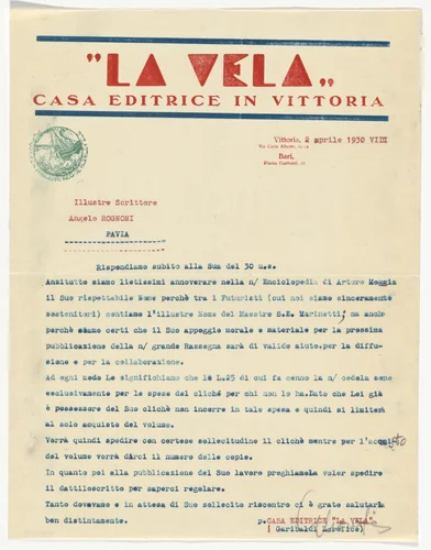 La Vela letterhead (Letter to Angelo Rognoni from Garibaldi Lorefice) by Unidentified Designer, design, 1908
