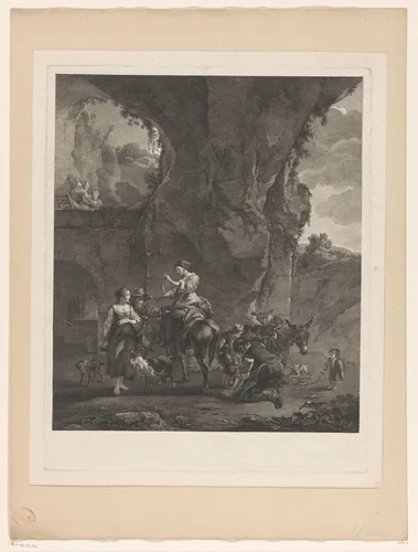 Reizigers met ezels en hoefsmid bij een smederij by Jean Jacques André Le Veau, print, 1758