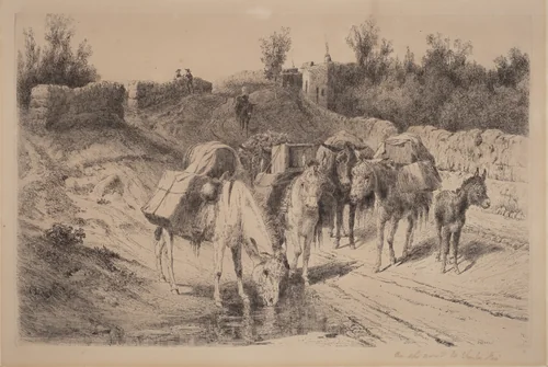 On the Road to Santa Fe by Peter Moran, print, 1884