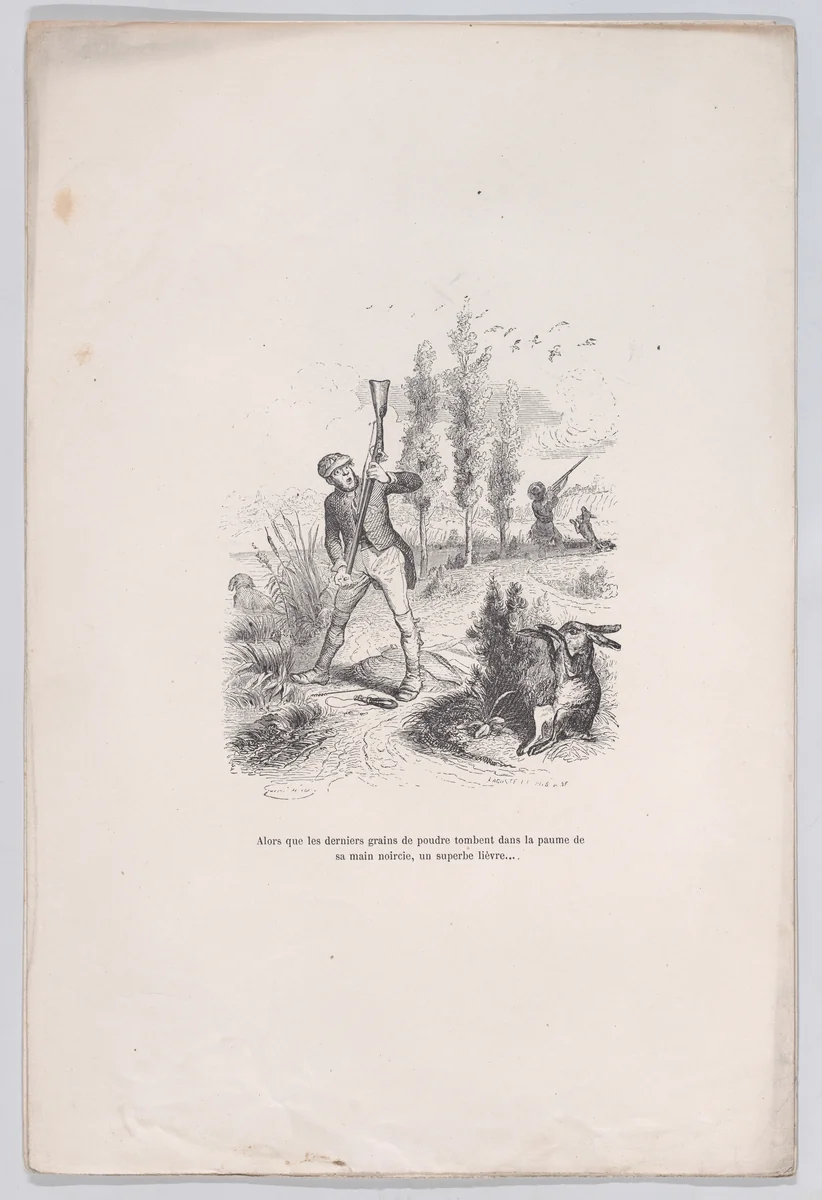 As the last grains of powder fall into the palm of his blackened hand, a superb hare..., from "Little Miseries of Human Life" by J. J. Grandville, print, 1843