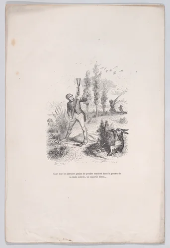 As the last grains of powder fall into the palm of his blackened hand, a superb hare..., from "Little Miseries of Human Life" by J. J. Grandville, print, 1843