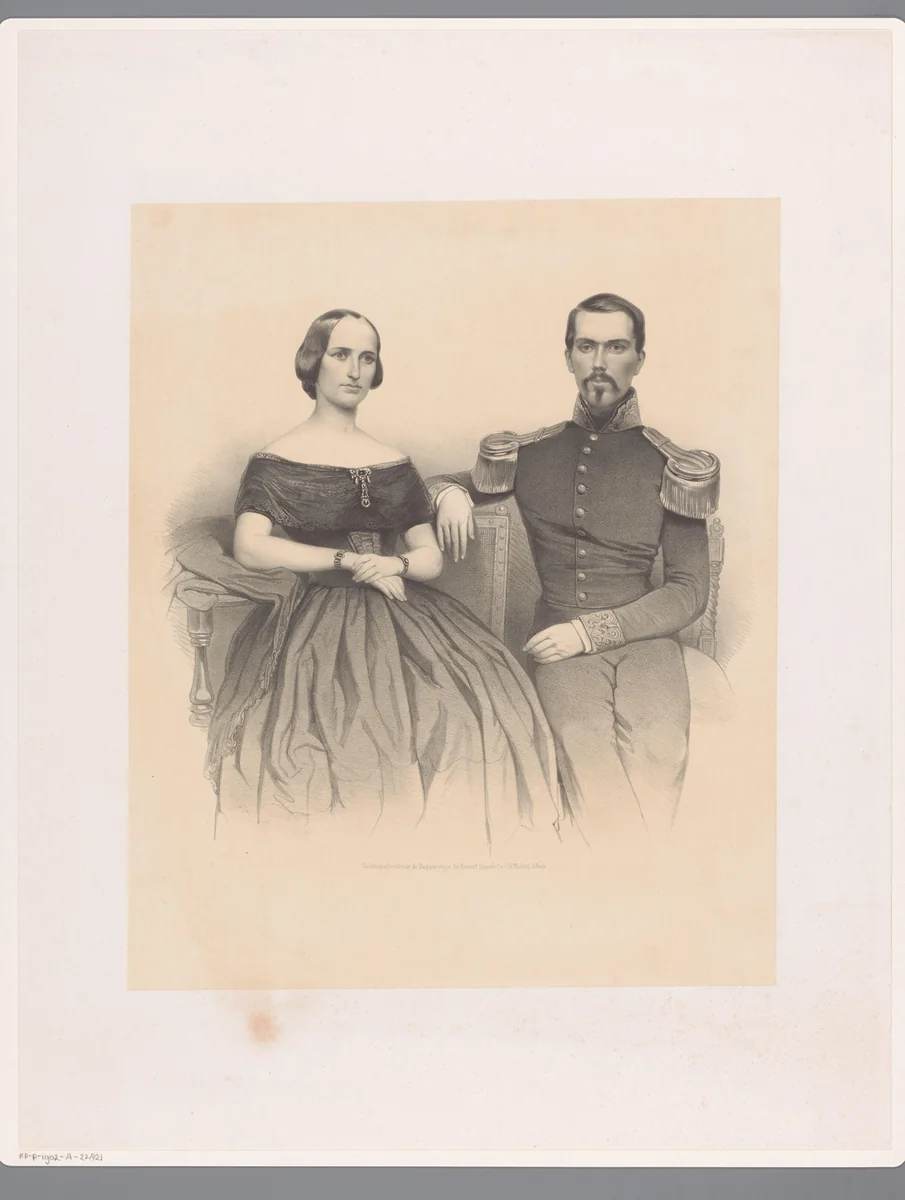 Dubbelportret van een officier met zijn vrouw. by anonymous, print, 1847-1865