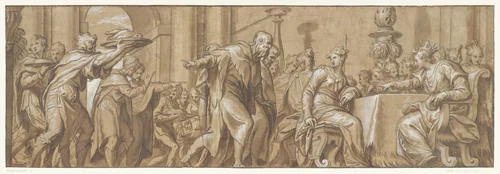 Maaltijd van koningin Vasthi by Paolo Farinati, drawing, 1535-1587