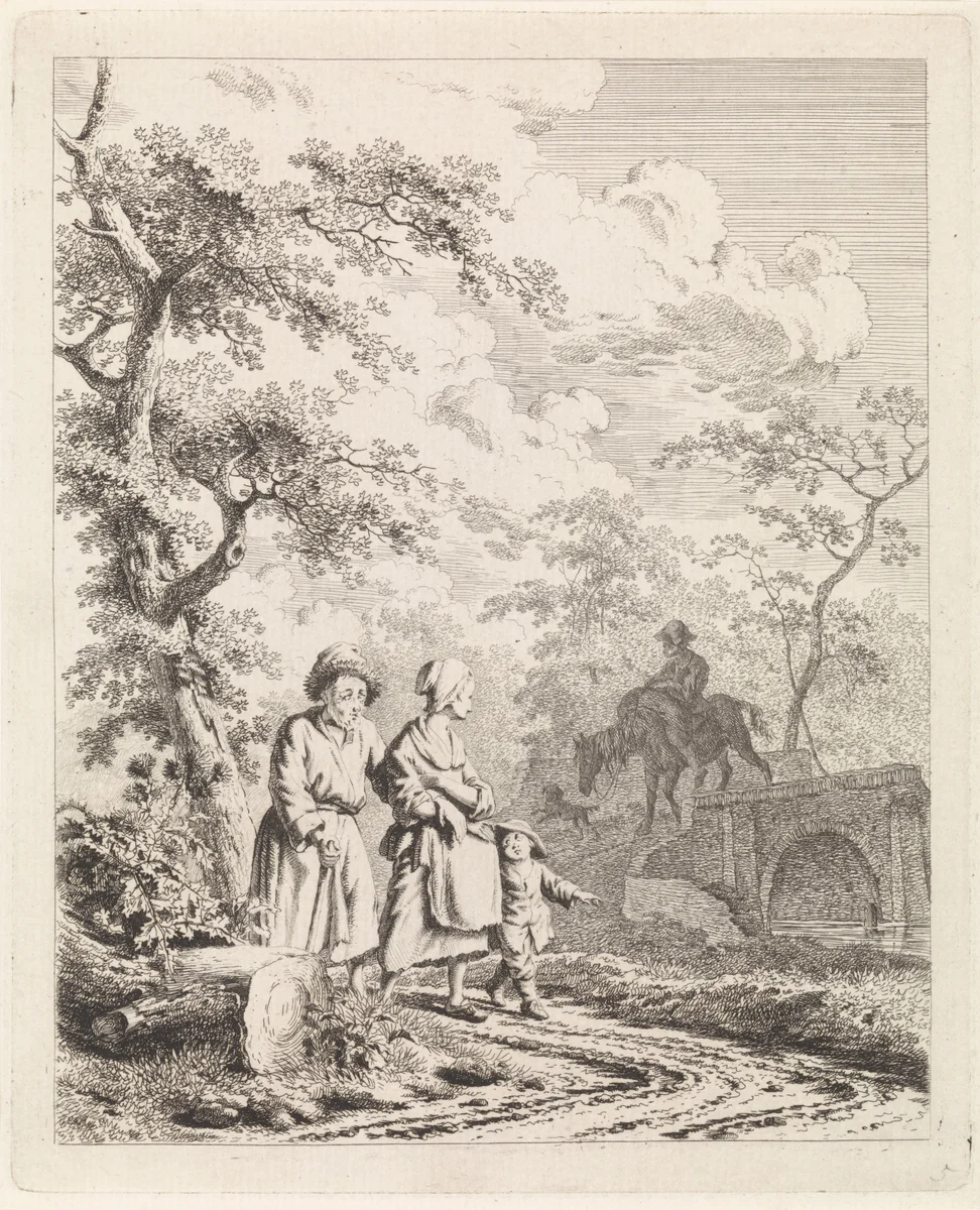 Grijsaard, vrouw en kind op een bospad by Leendert Overbeek, print, 1791