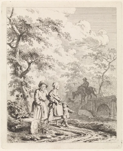 Grijsaard, vrouw en kind op een bospad by Leendert Overbeek, print, 1791