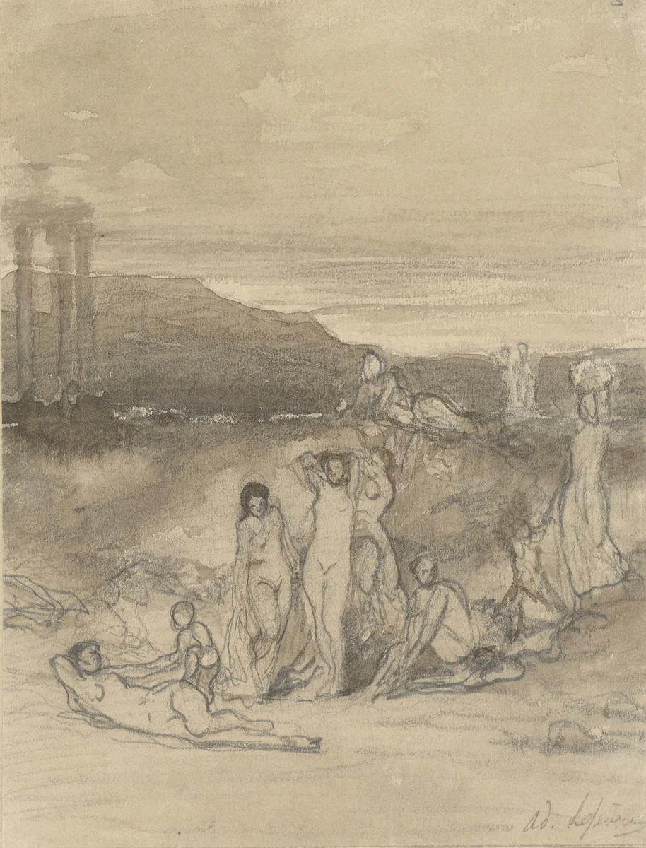 Klassiek landschap met liggende, staande en zittende naaktfiguren en een tempelruïne by Adolphe René Lefèvre, drawing, 1844-1868