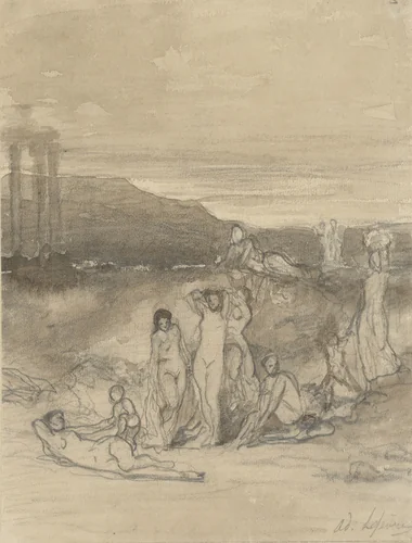 Klassiek landschap met liggende, staande en zittende naaktfiguren en een tempelruïne by Adolphe René Lefèvre, drawing, 1844-1868