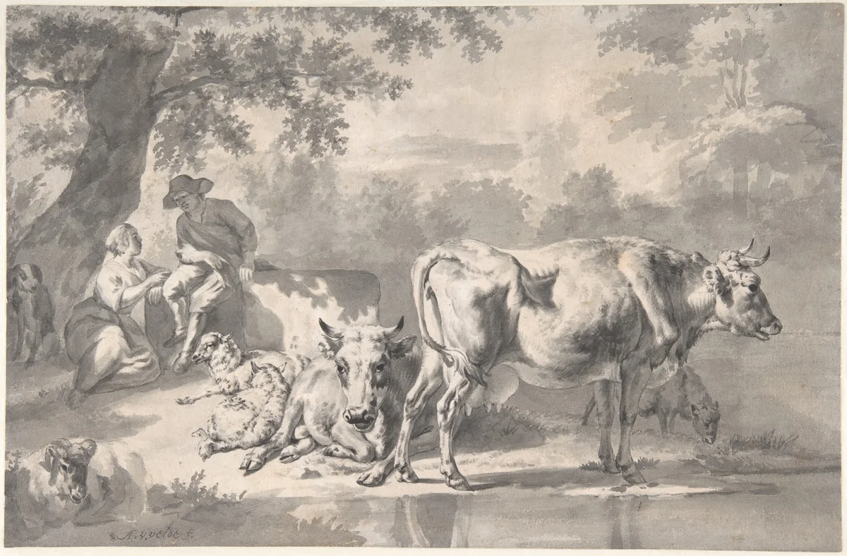 Peasants with Cattle and Sheep by Adriaen van de Velde, drawing, 1656-1672