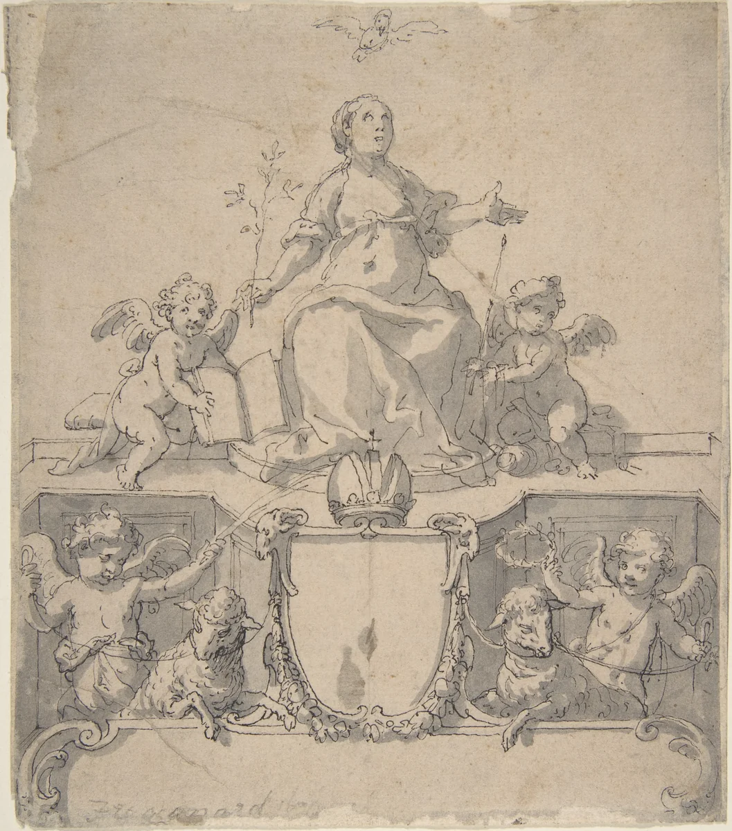Cartouche with a Crown, the Virgin (?) and the Holy Ghost, and Four Putti by Johann Matthias Kager, drawing, 1595-1634
