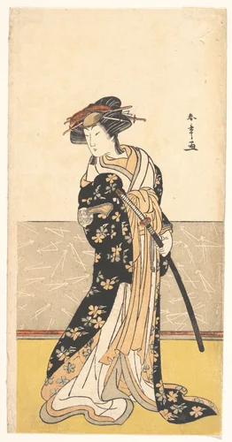 The Actor Nakamura Rikō, as a Courtesan with a Sword by Katsukawa Shunshô (勝川春章), print, 1770-1790