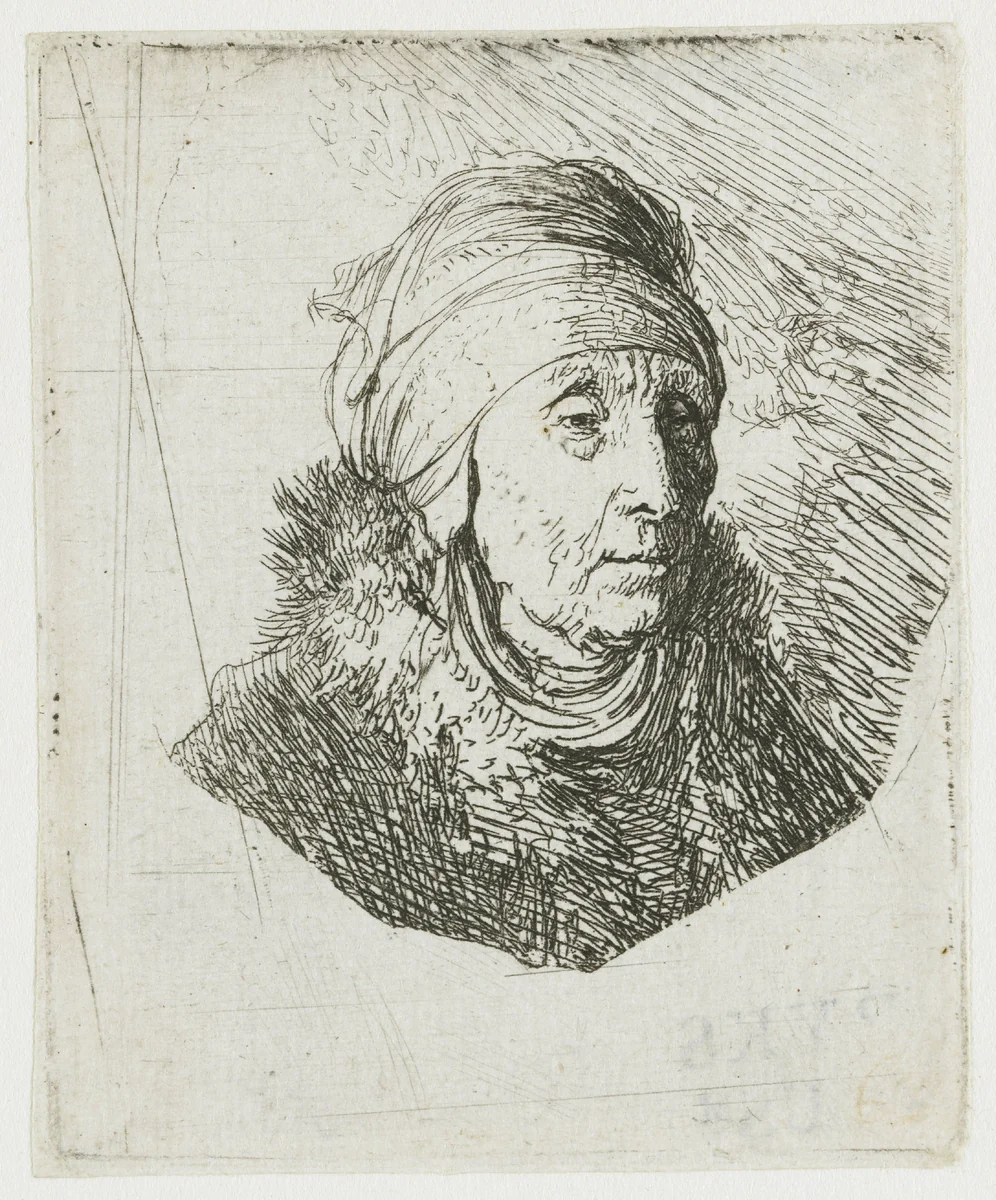Woman with a high headdress wrapped around the chin: bust by Rembrandt van Rijn, print, 1630