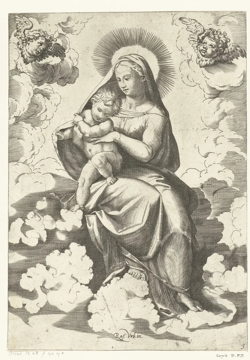 Maria met kind zittend in wolken met twee engelenhoofdjes by Agostino Carracci, print, 1515-1565