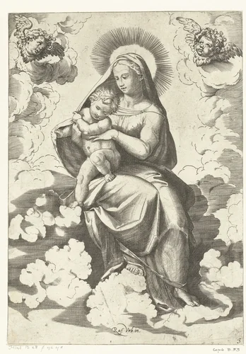 Maria met kind zittend in wolken met twee engelenhoofdjes by Agostino Carracci, print, 1515-1565