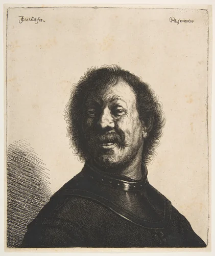 Laughing Man in a Gorget by Jan Georg van Vliet, print, 1625-1640