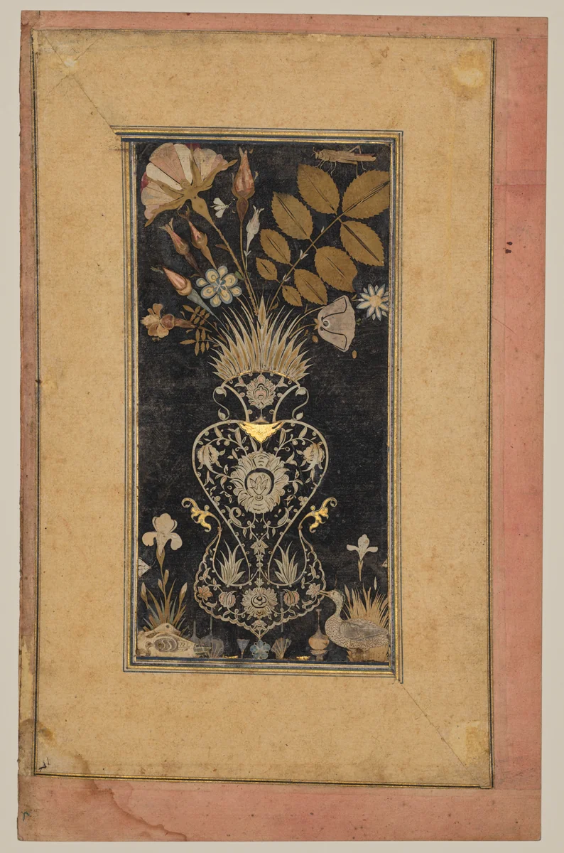 Album Page with Decoupe Vase of Flowers, Insects, and Birds by Muhammad Hasan, manuscript, 1605-1665