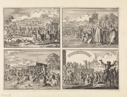 Don Pedro, regent van Portugal, begeeft zich na zijn huwelijk met Maria, hertogin van Aumale, van Lissabon naar Alcantara en wordt achtervolgd door gemaskerde edelen, 1668 / Aartsbisschop van Toulouse legt de eerste steen voor de sluis in het kanaal tussen de Atlantische Oceaan en de Midellandse Zee, 1667 / Nabij Senlis raakt de stoet van koning Lodewijk XIV in levensgevaar door hoog water, 1670 / Plein te Orange, waar het bestuur van prins Willem III wordt aanvaard, terwijl de menigte kijkt naar een boog in de lucht, 1670 by Jan Luyken, print, 1698
