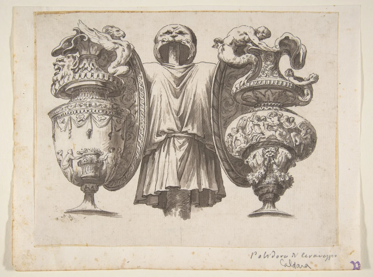 Trophy with Two Ewers by Polidoro da Caravaggio, drawing, 1600-1800