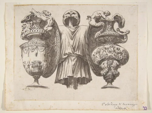 Trophy with Two Ewers by Polidoro da Caravaggio, drawing, 1600-1800