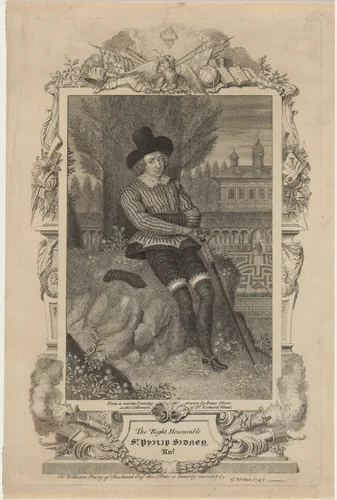 Sir Philip Sidney, Soldier and Poet by George Vertue; Isaac Oliver, print, 1745