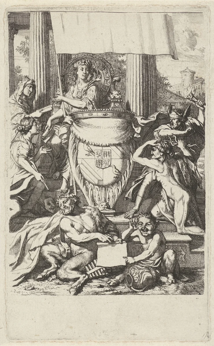 Wapen van de familie Geelvinck omgeven door allegorische figuren by Gerard de Lairesse, print, 1675