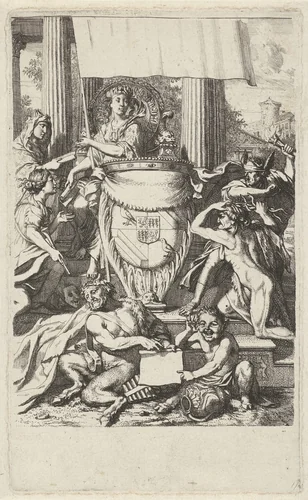 Wapen van de familie Geelvinck omgeven door allegorische figuren by Gerard de Lairesse, print, 1675