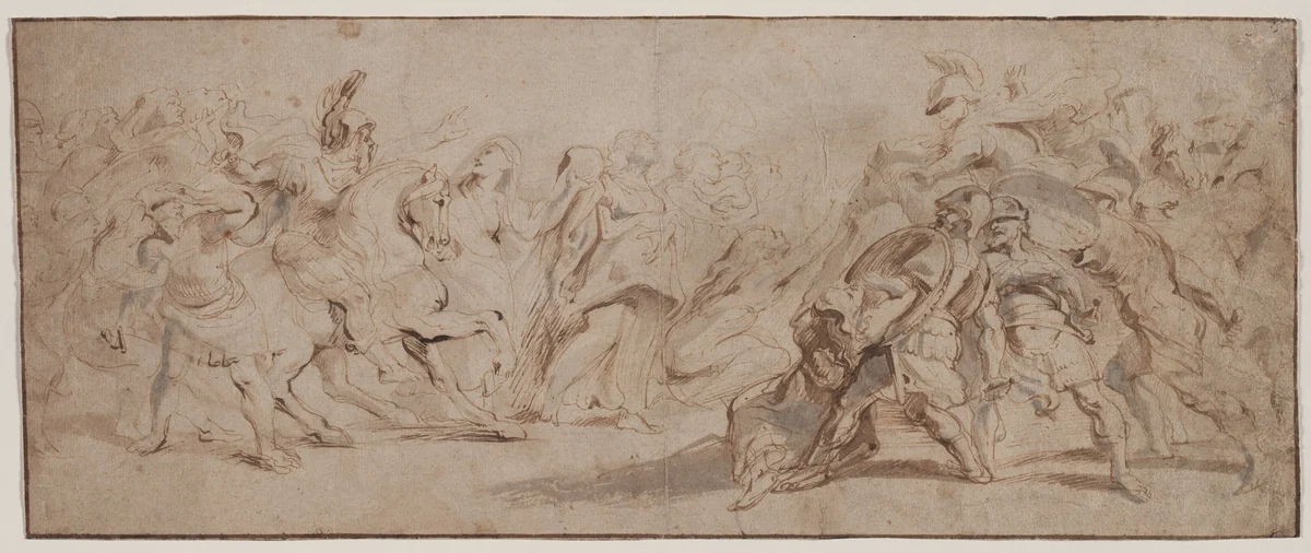 Reconciliation of the Romans and the Sabines (recto) by Peter Paul Rubens, drawing, 1632-1635