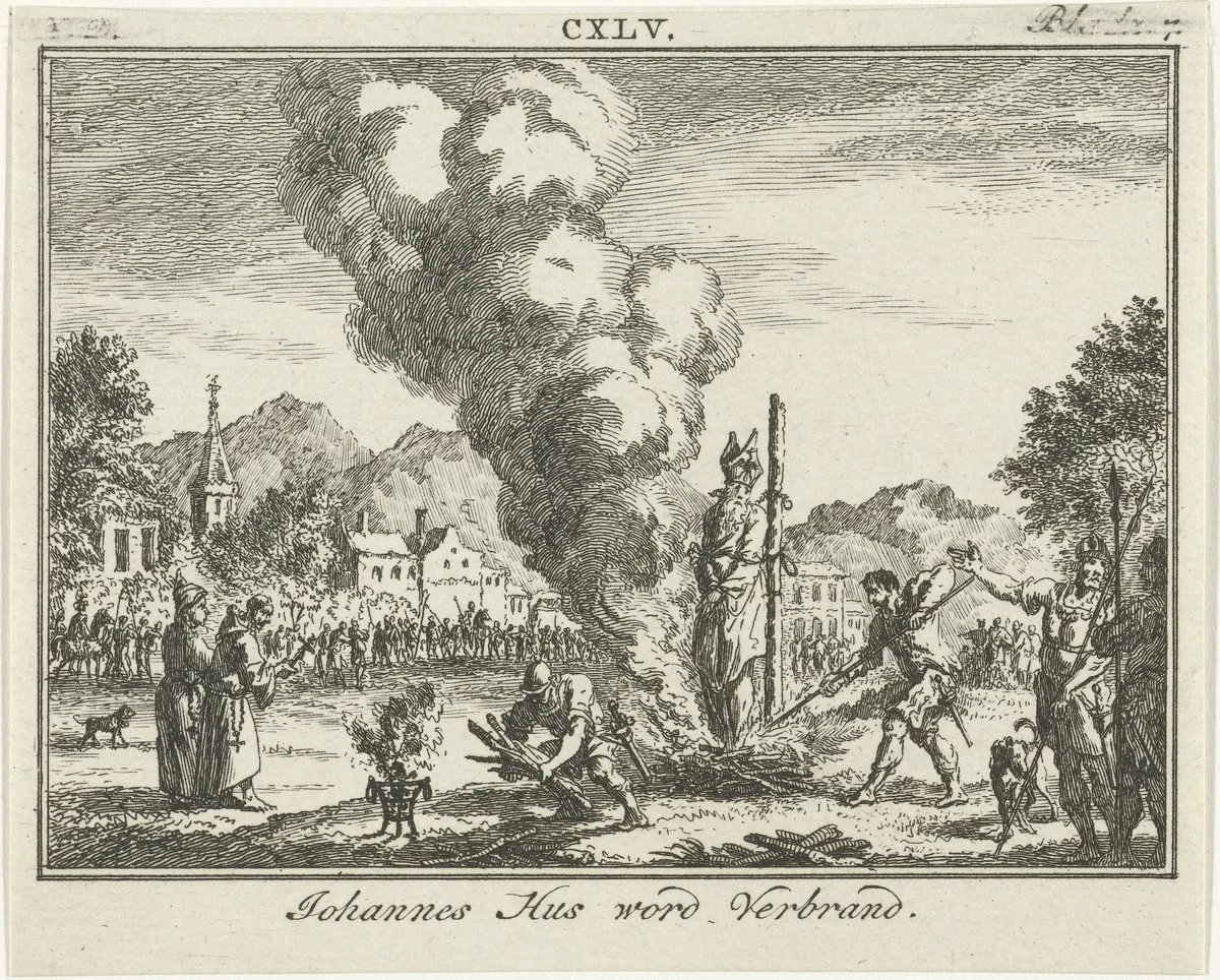 Johannes Hus op de brandstapel, 1415 by Simon Fokke, print, 1722-1784
