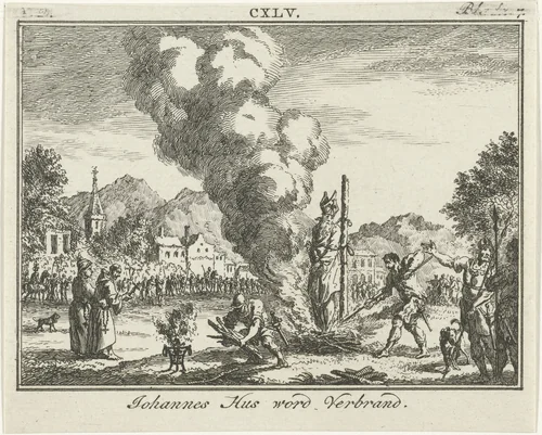 Johannes Hus op de brandstapel, 1415 by Simon Fokke, print, 1722-1784
