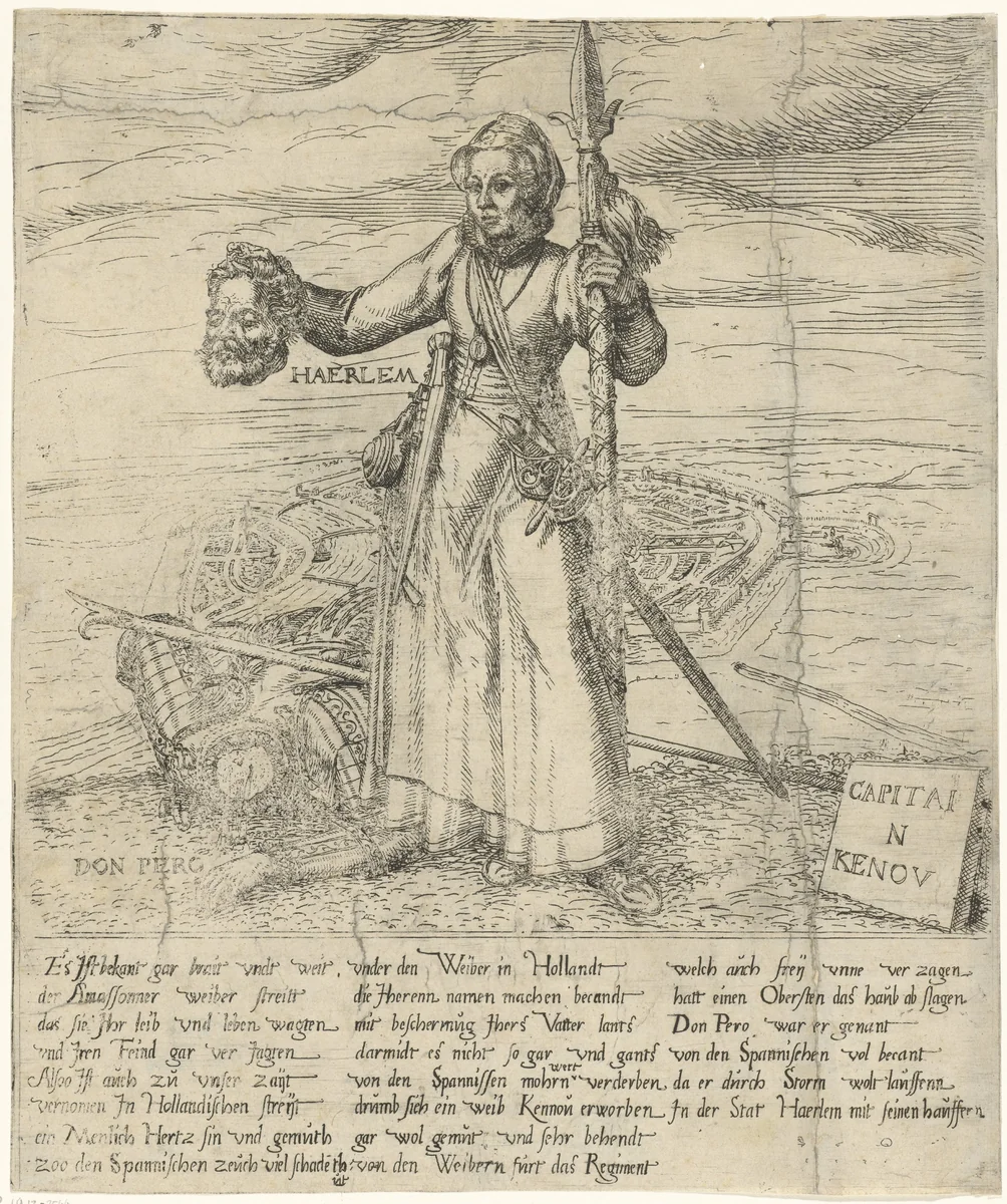 Kenau Simonsdr Hasselaar met het afgehouwen hoofd van een Spaanse legeraanvoerder by Remigius Hogenberg, print, 1573-1580