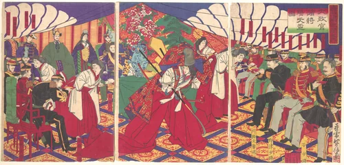 Commanders Receiving the Emperor's Drinking Cups by Yamazaki Toshinobu, print, 1886