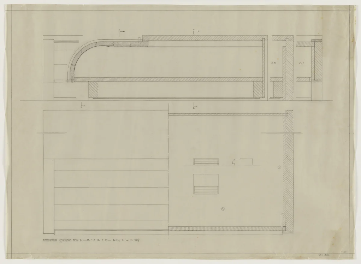 Design for Telefunken Record Player, Model 4, Concertino record-player. Elevations and sections by Lilly Reich, mies van der rohe archive, 1939
