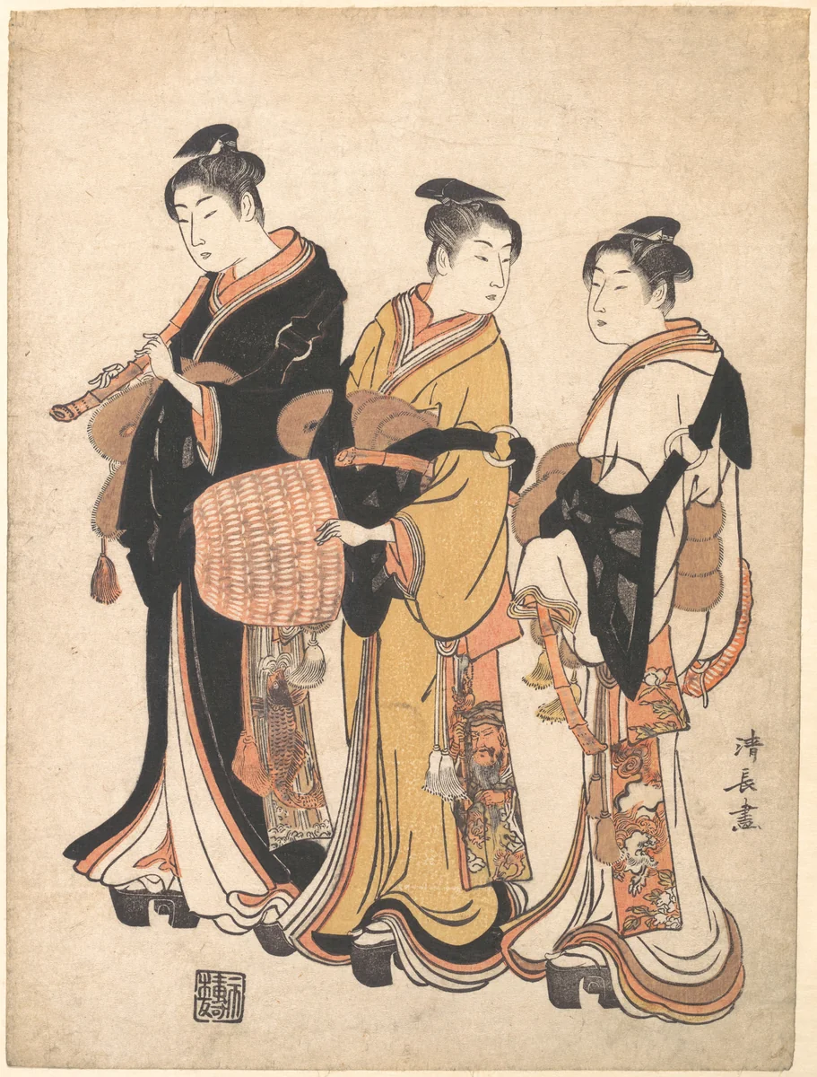 Three Young Women Masquerading as Komuso (Strolling Minstrel) by Torii Kiyonaga (鳥居清長), print, 1768-1788