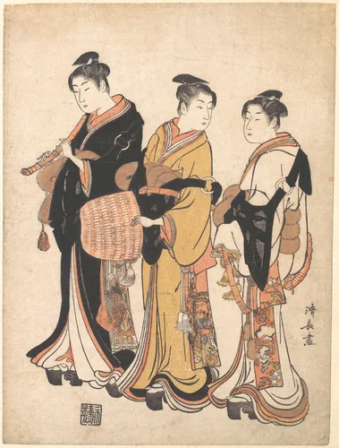 Three Young Women Masquerading as Komuso (Strolling Minstrel) by Torii Kiyonaga (鳥居清長), print, 1768-1788