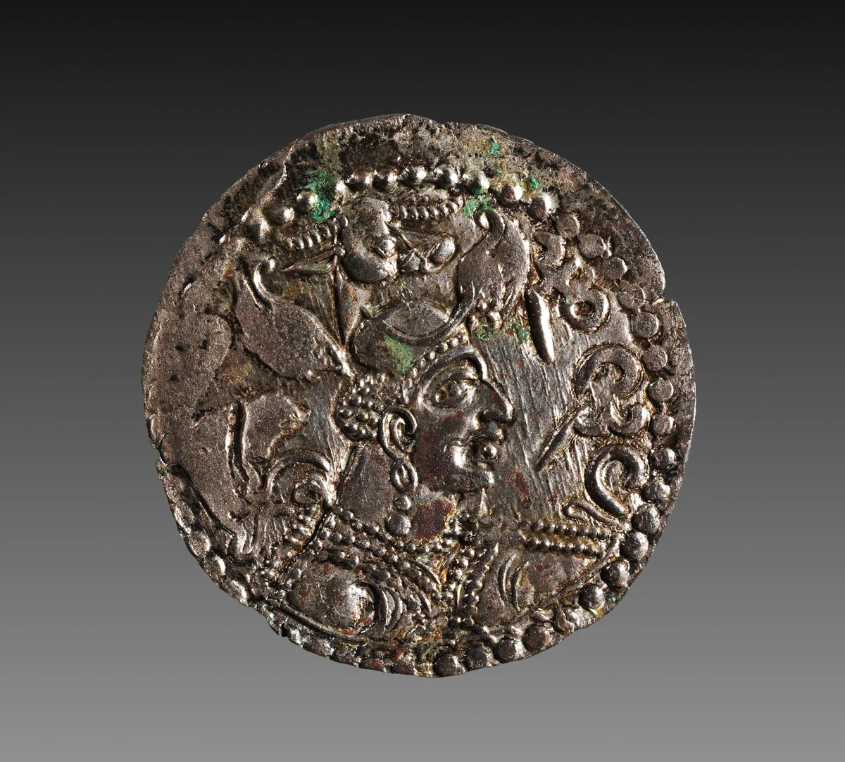 Drachm: Bust of Napki Malka with Headdress, Bull's Head (obverse) by Unknown, metalwork, 445-505