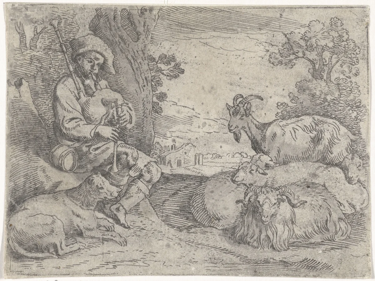 Herder speelt op een doedelzak by Govert van der Leeuw, print, 1655-1688