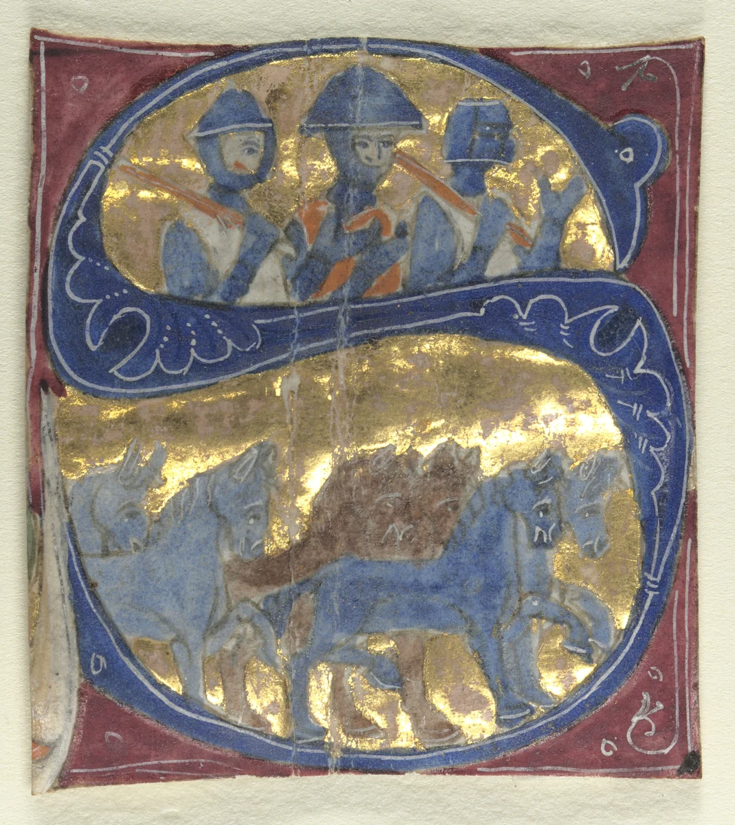 Historiated Initial (S) Excised from a Bible: Soldiers and Horses by Unknown, manuscript, 1200-1299