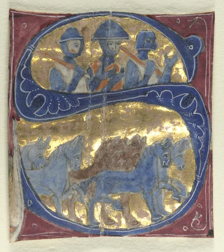 Historiated Initial (S) Excised from a Bible: Soldiers and Horses by Unknown, manuscript, 1200-1299