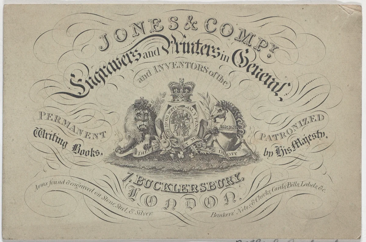 Trade Card for Jones & Company, Engravers and Printers by anonymous, print, 1700-1800