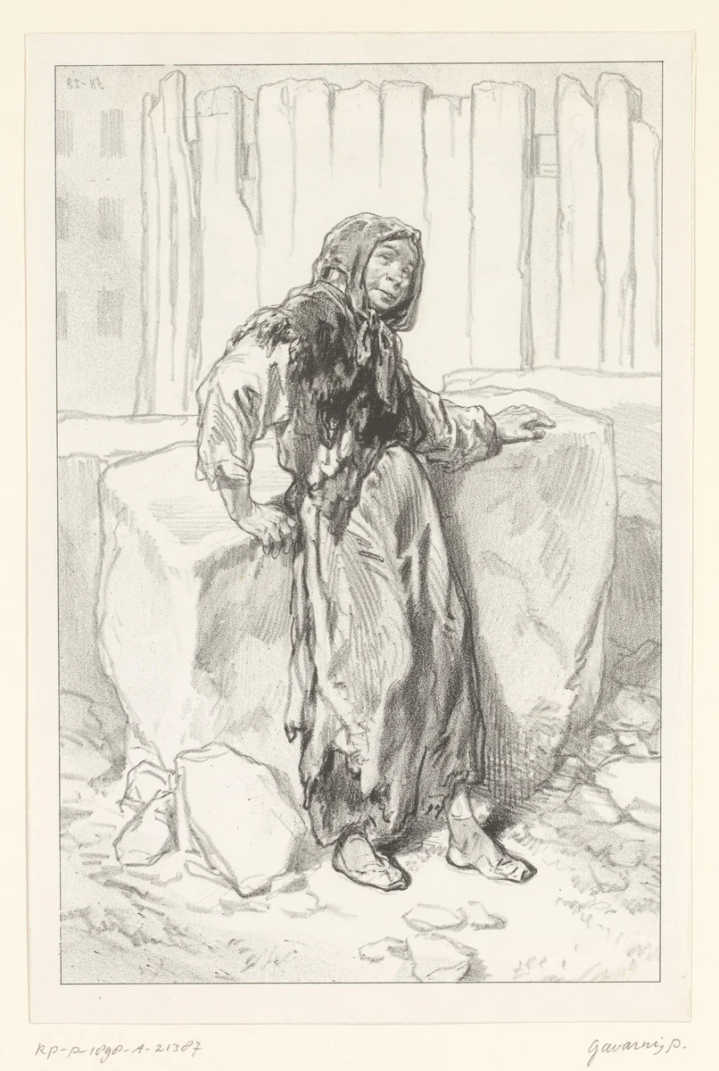 Arme oude vrouw op een bouwplaats by Paul Gavarni, print, 1857-1858