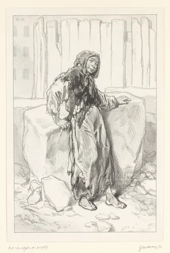 Arme oude vrouw op een bouwplaats by Paul Gavarni, print, 1857-1858