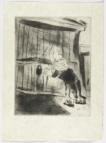 Pliouchkine at the Door (Pliouchkine à la porte), plate XL (supplementary suite) from Les Âmes mortes by Marc Chagall, illustrated book, 1923