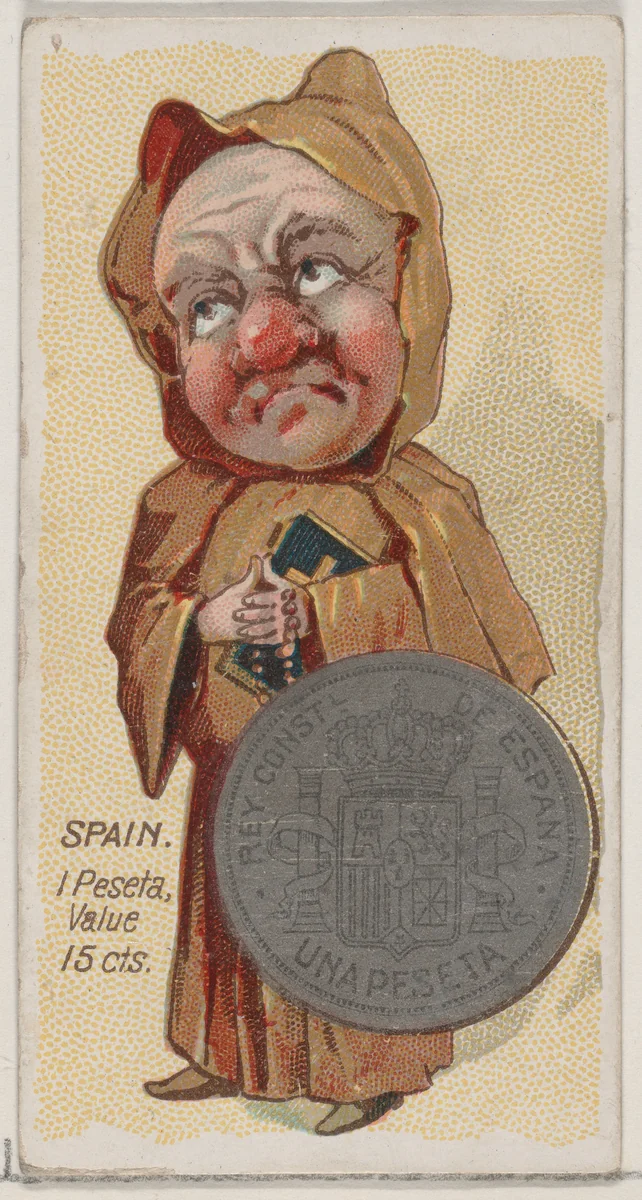 Caricatured Spaniard, 1 Peseta, from the series Coins of All Nations (N72, variation 2) for Duke brand cigarettes by W. Duke, Sons & Co., print, 1889