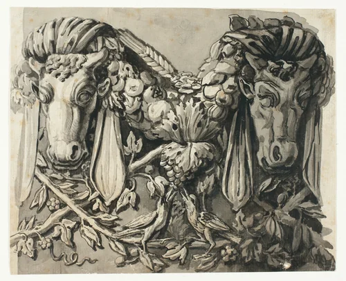Ornament with Two Bull's Heads (recto); Sketch of Geometric Borders (verso) by Jean Charles Delafosse, drawing, 1500-1791