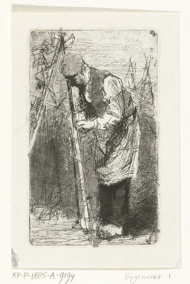 Man bindt bonenstaken in groententuin by Bernardus Johannes Blommers, print, 1855-1885