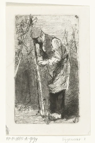 Man bindt bonenstaken in groententuin by Bernardus Johannes Blommers, print, 1855-1885