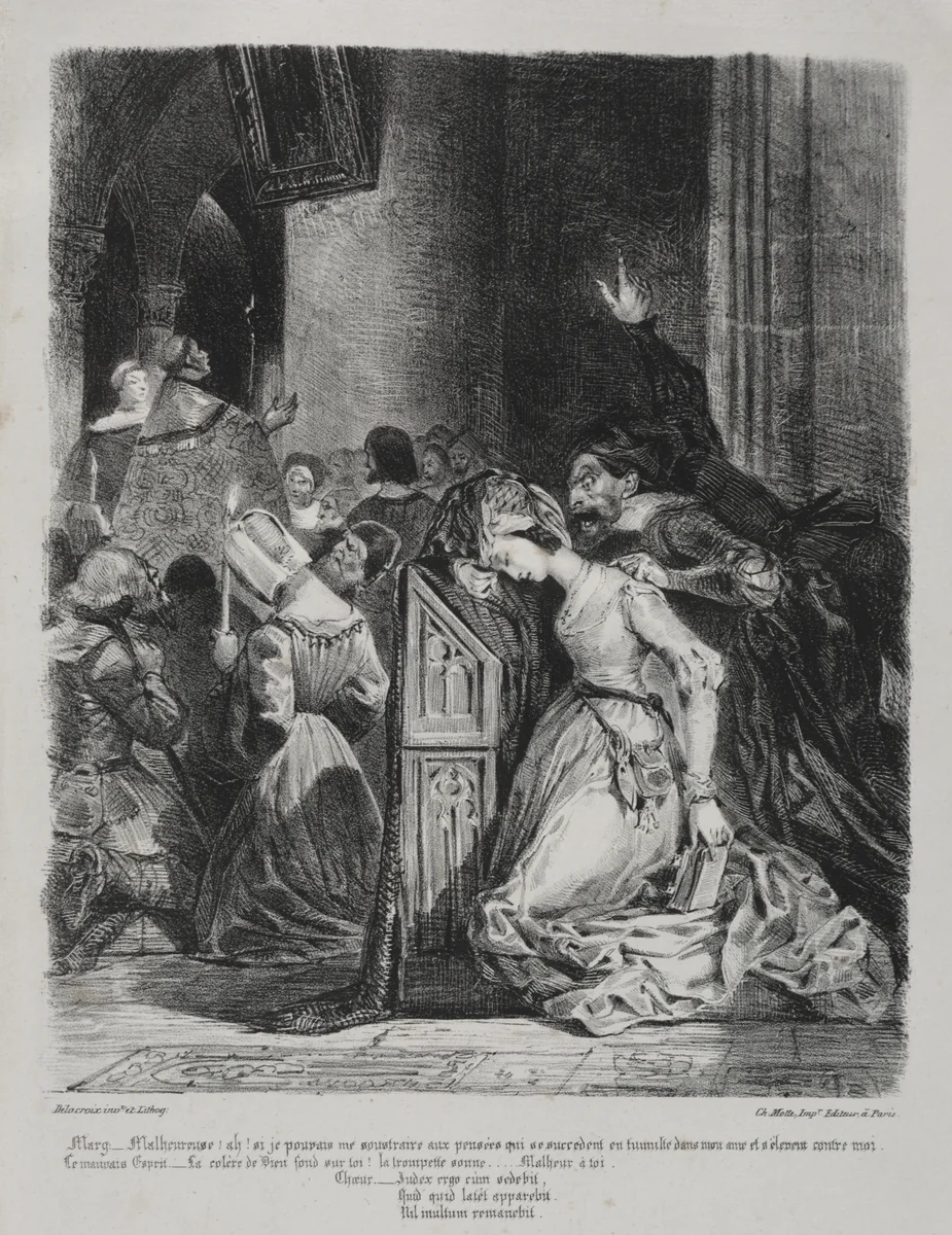 Illustrations for Faust: Marguerite at church by Eugène Delacroix, print, 1828