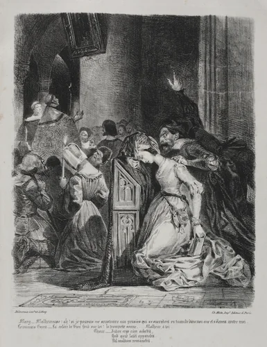 Illustrations for Faust: Marguerite at church by Eugène Delacroix, print, 1828