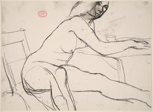 Untitled [seated female nude leaning on table] by Richard Diebenkorn, drawing, 1955-1967