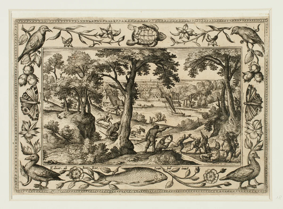 Boar Hunt, from Landscapes with Old and New Testament Scenes and Hunting Scenes by Adriaen Collaert, print, 1584